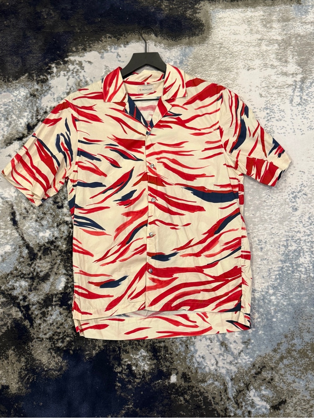 Moncler Animal Short Sleeve Button-Down Shirt in Cream with Red & Navy Print